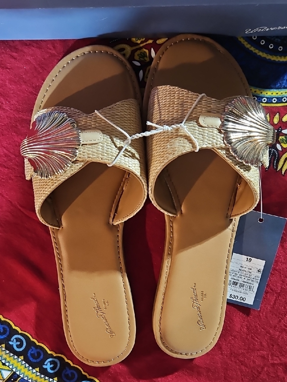 Nesryn Raffia Shell Ornament Slide Sandals, New with Tags & Original Box
